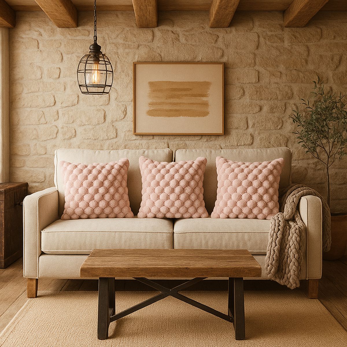 ARMONIA - Pack 3 fundas cojín rosa burbuja 45x45 suave decoración 651