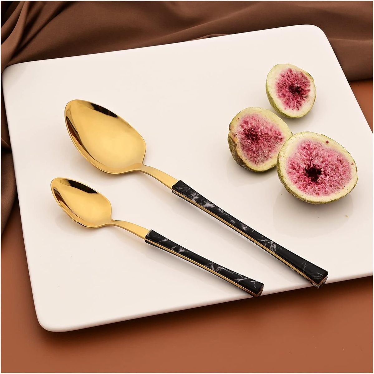 WAKESHOME - Juego De Cuchilleria 6 Piezas Dorado Mango Efecto Mármol-Cucharilla pequeña