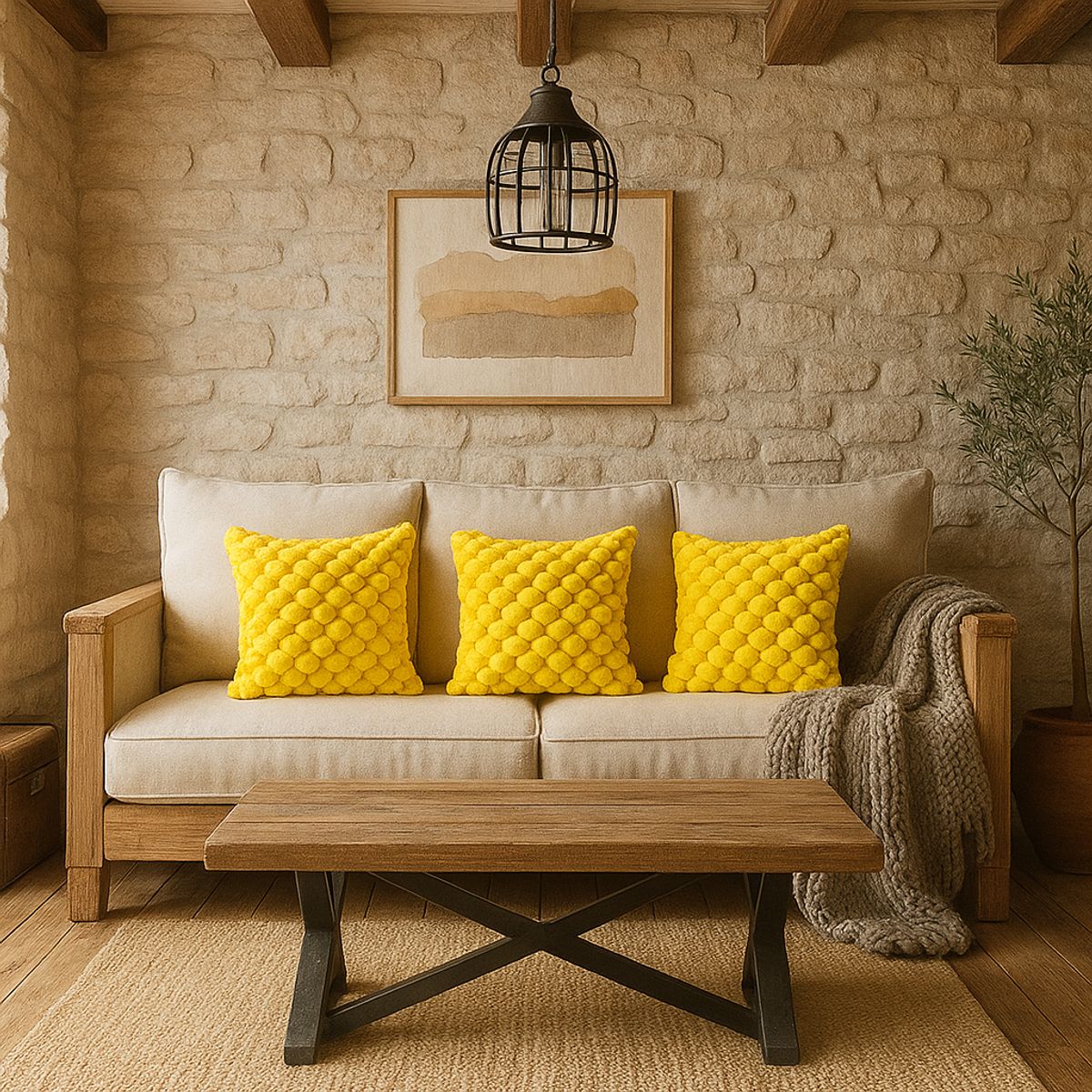 ARMONIA - Pack 3 fundas cojín amarillo burbuja 45x45 suave decoración 651