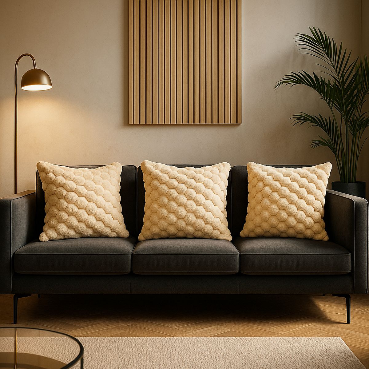 ARMONIA - Pack 3 fundas cojín beige burbuja 45x45 suave decoración 651