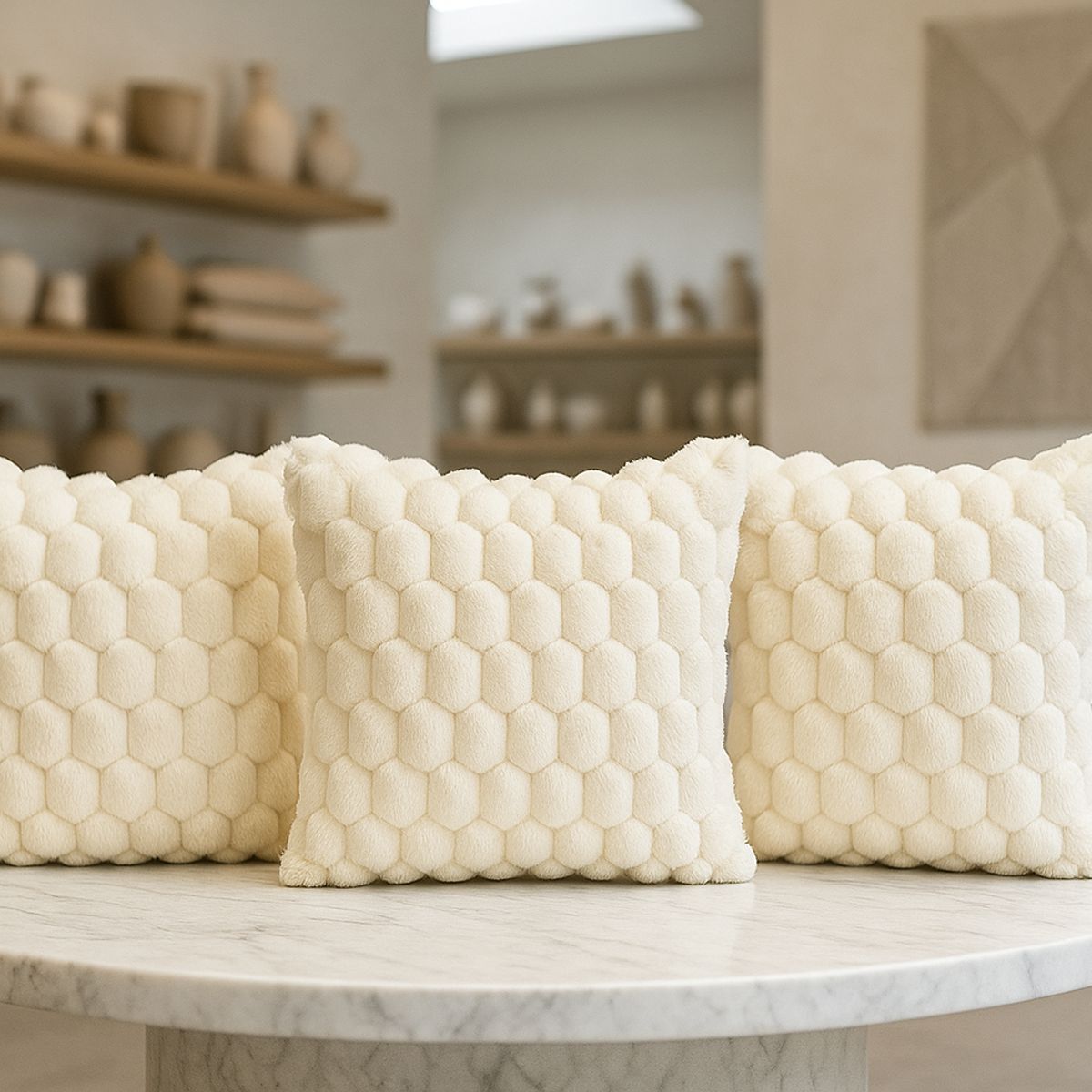 ARMONIA - Pack 3 fundas cojín blanco burbuja 45x45 suave decoración 651