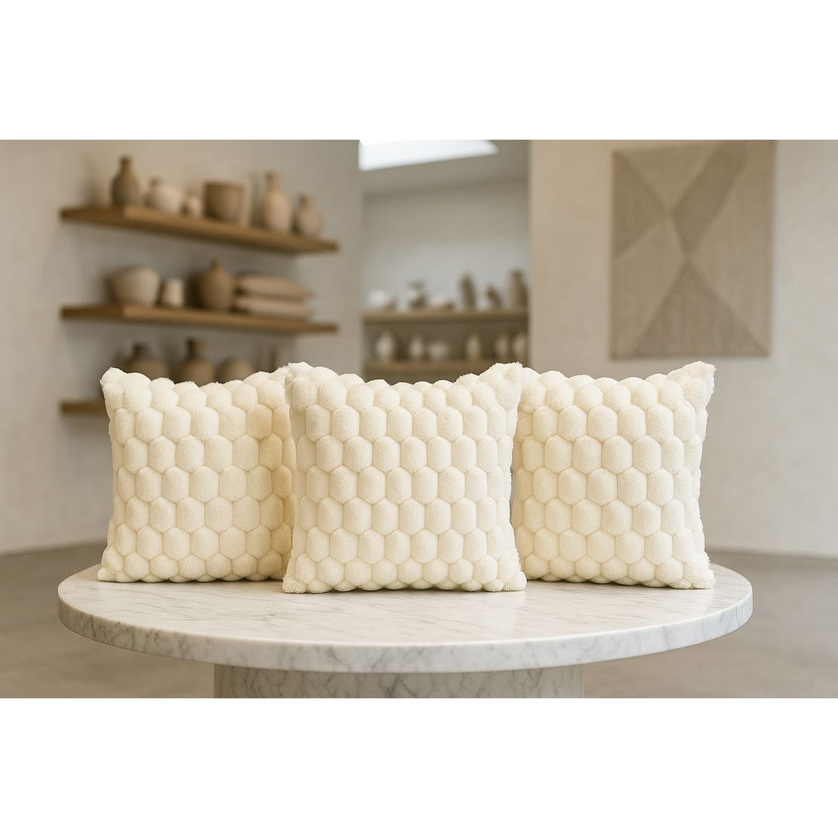 ARMONIA - Pack 3 fundas cojín blanco burbuja 45x45 suave decoración 651