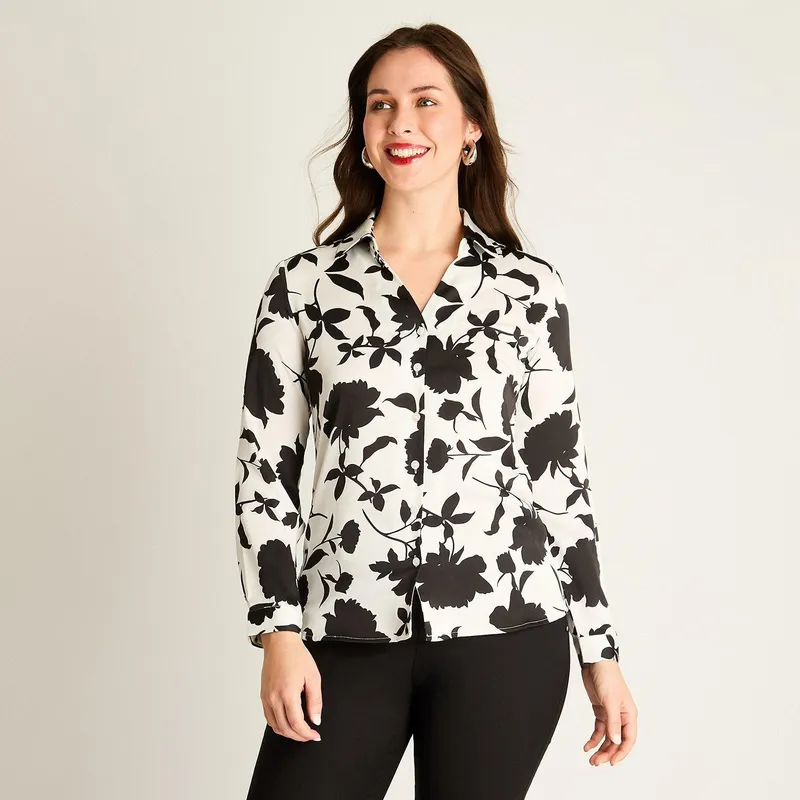 LORENZO DI PONTTI - Blusa Negra Floral con Estilo Camisero