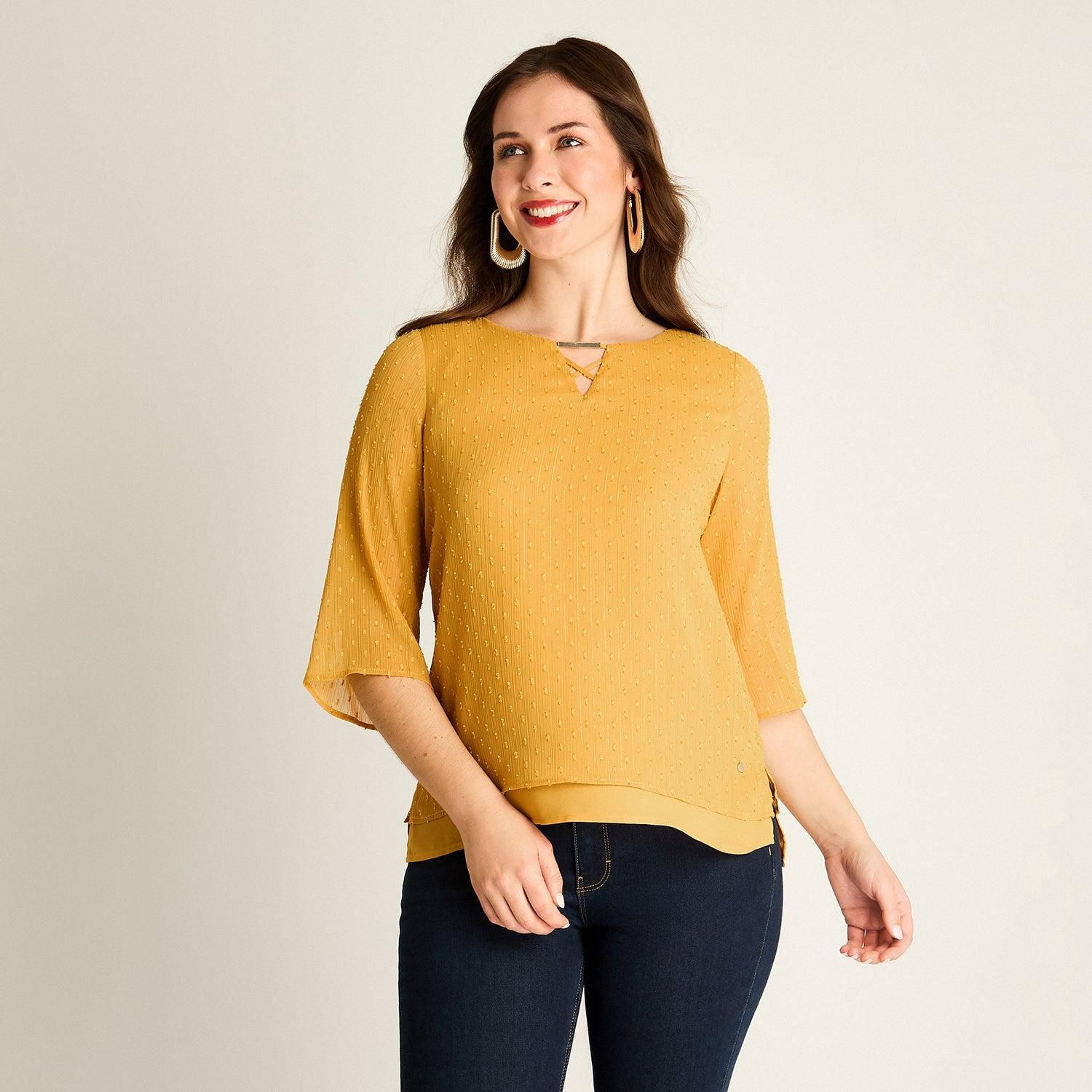 LORENZO DI PONTTI Blusa Mostaza con Terminación en Capas