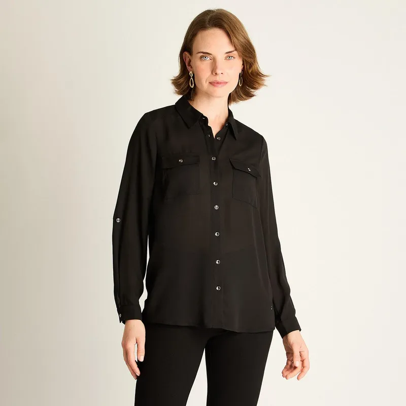 LORENZO DI PONTTI - Blusa Negra con Bolsillos y Roll-Up