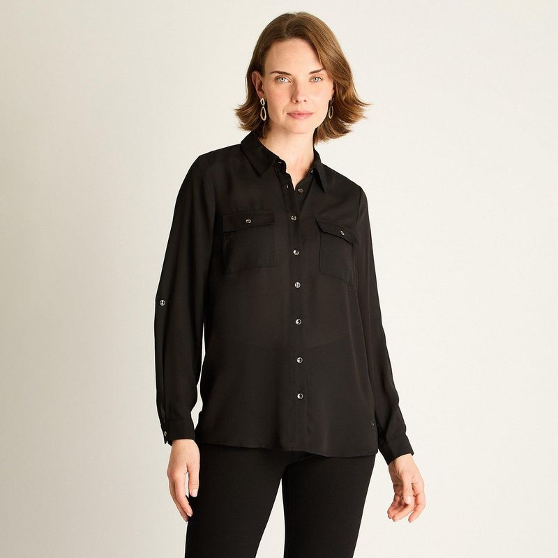 LORENZO DI PONTTI - Blusa Negra con Bolsillos y Roll-Up