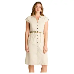 LORENZO DI PONTTI - Vestido Corto Lino Arena con Bolsillos y Cinturón