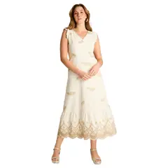 LORENZO DI PONTTI - Vestido Midi Beige Con Broderie y Forro