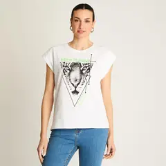 ACUARELA - Polera Blanca Manga Corta Estampado Tigre 'Keep It Wild'