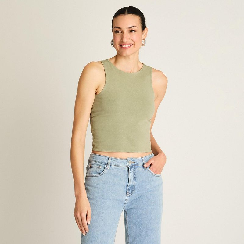 ACUARELA - Polera Oliva Sin Mangas Fit Ajustado