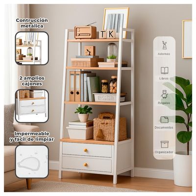 Imagen 2 del producto Librero Tipo Escalera con Cajonero 4 Repisas Blanco Madera
