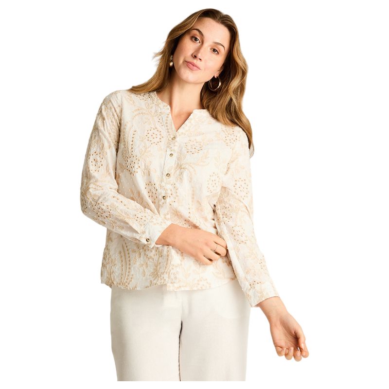 LORENZO DI PONTTI - Blusa Beige Larga con Broderie y Escote en V