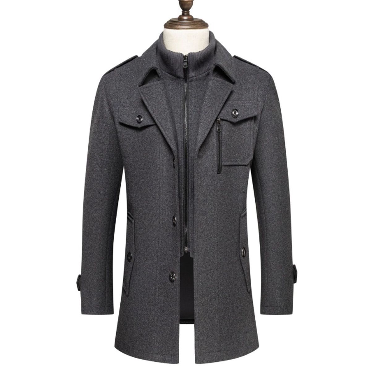 GIOIO - Abrigo Hombre Lana Doble Cuello Cremallera Vertical Urbano Elegante