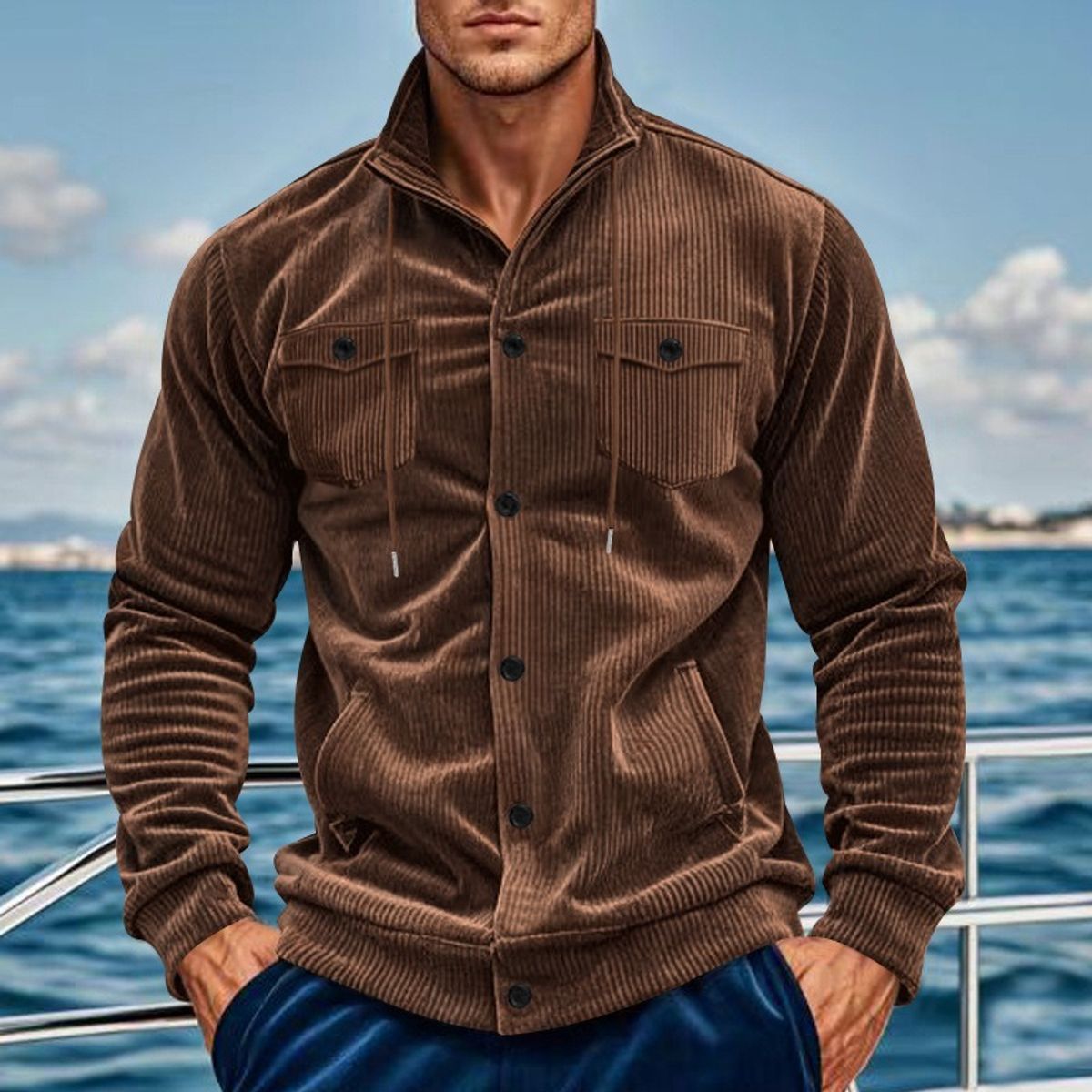 GIOIO - Chaqueta Pana Hombre Vintage USA Solapa Bolsillos Tácticos Urbana​