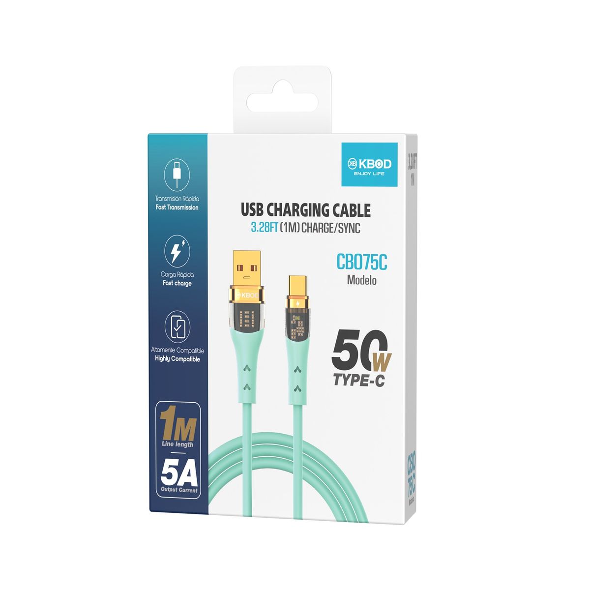 KBOD - Cable Para Carga y Datos Usb Tipo C Kbod Cbo75 1 Metro 50W Verde