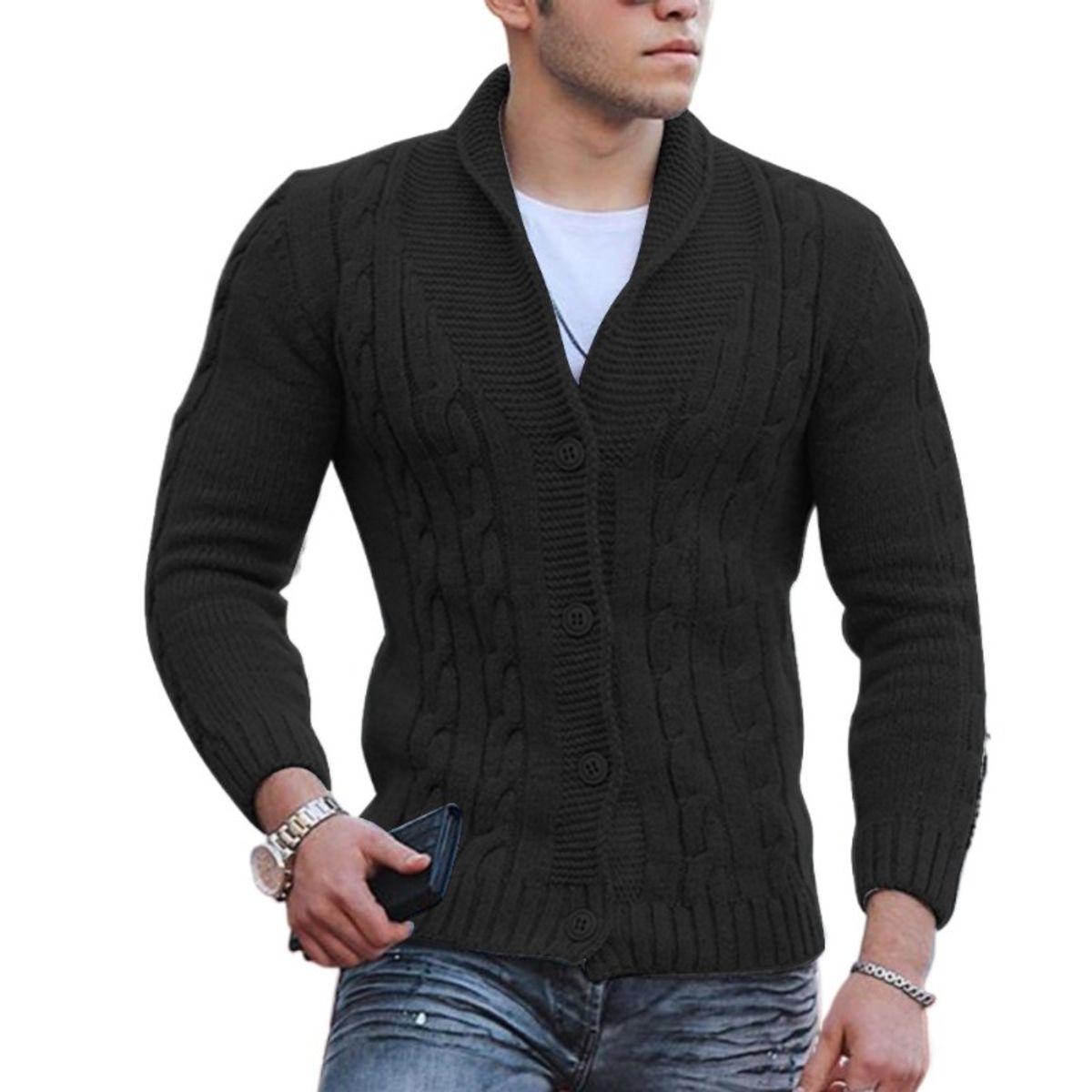 GIOIO - Cárdigan Hombre Premium Cuello V Solapa Liso Corte Preciso Urbano​
