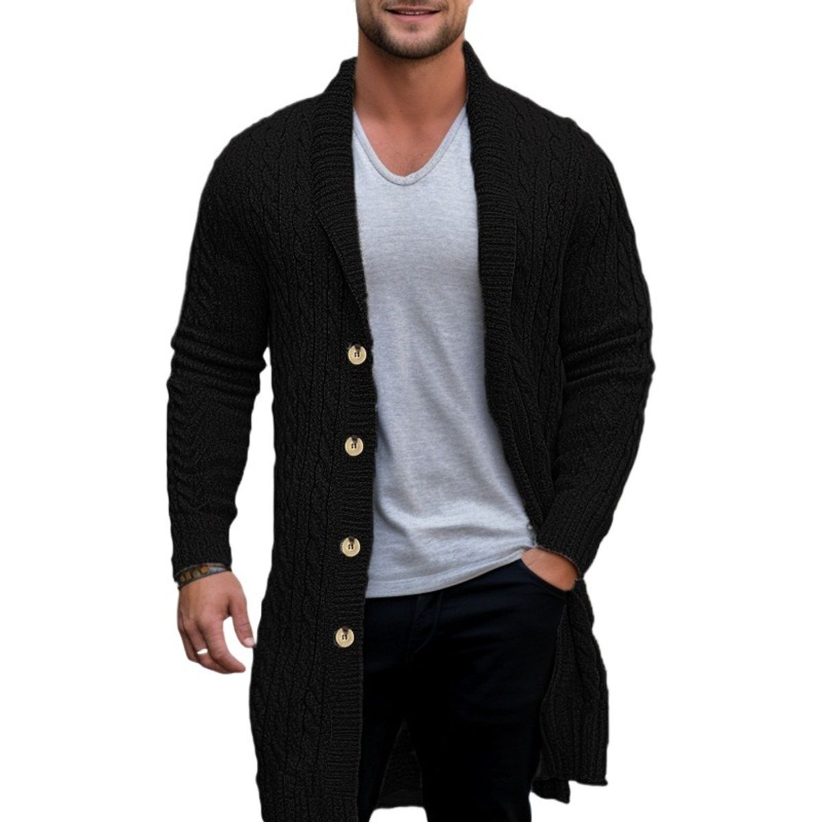 GIOIO - Cárdigan Hombre Punto Cable Medio Largo Urbano Premium Lana Tejido​