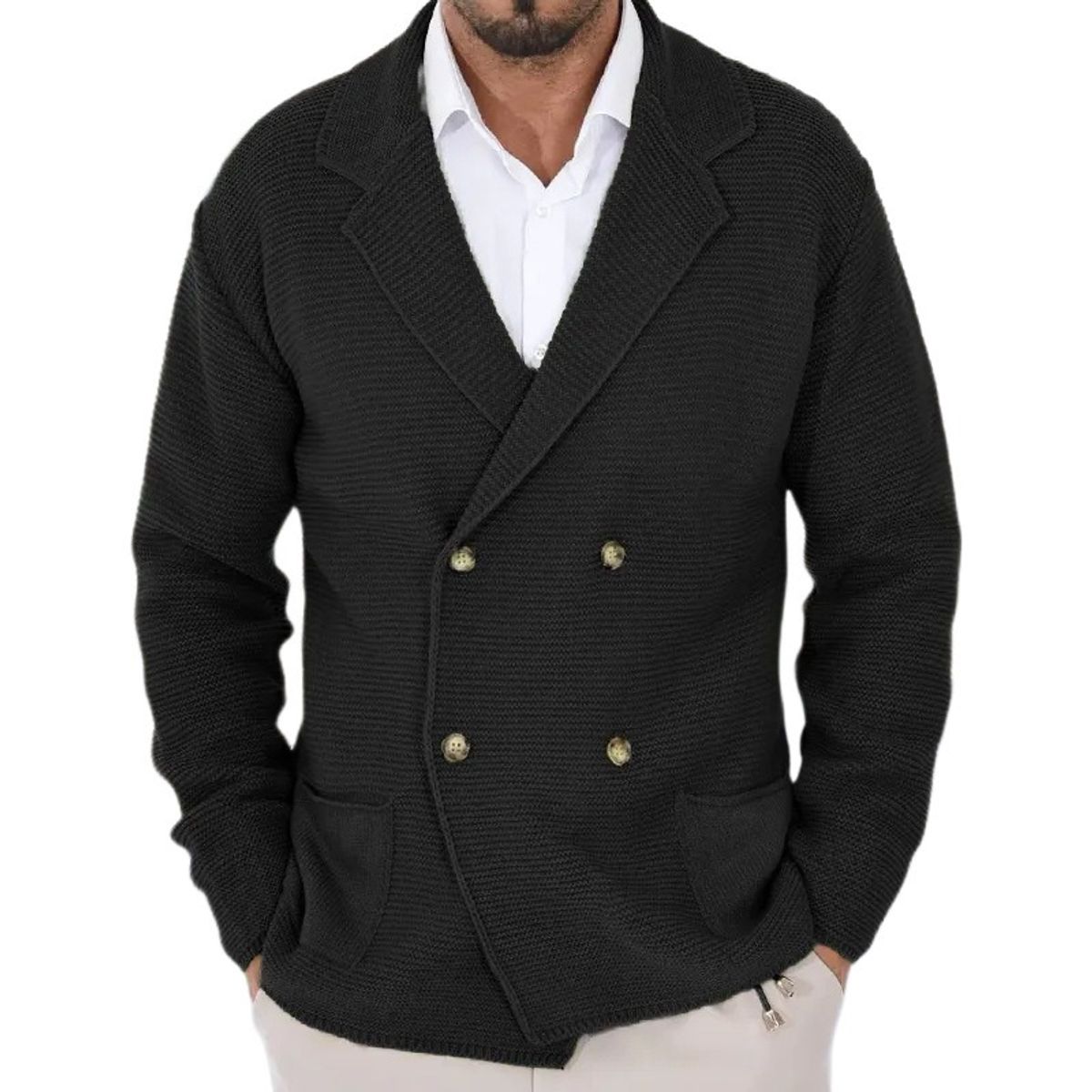 GIOIO - Cárdigan Hombre Solapa Doble Botonadura Corte Preciso Urbano Elegancia