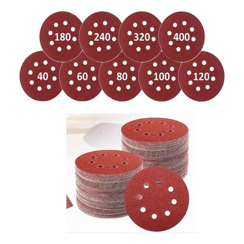 GENERICO - Set de 100 Discos de Lija Velcro 125mm 5 con 8 Agujeros
