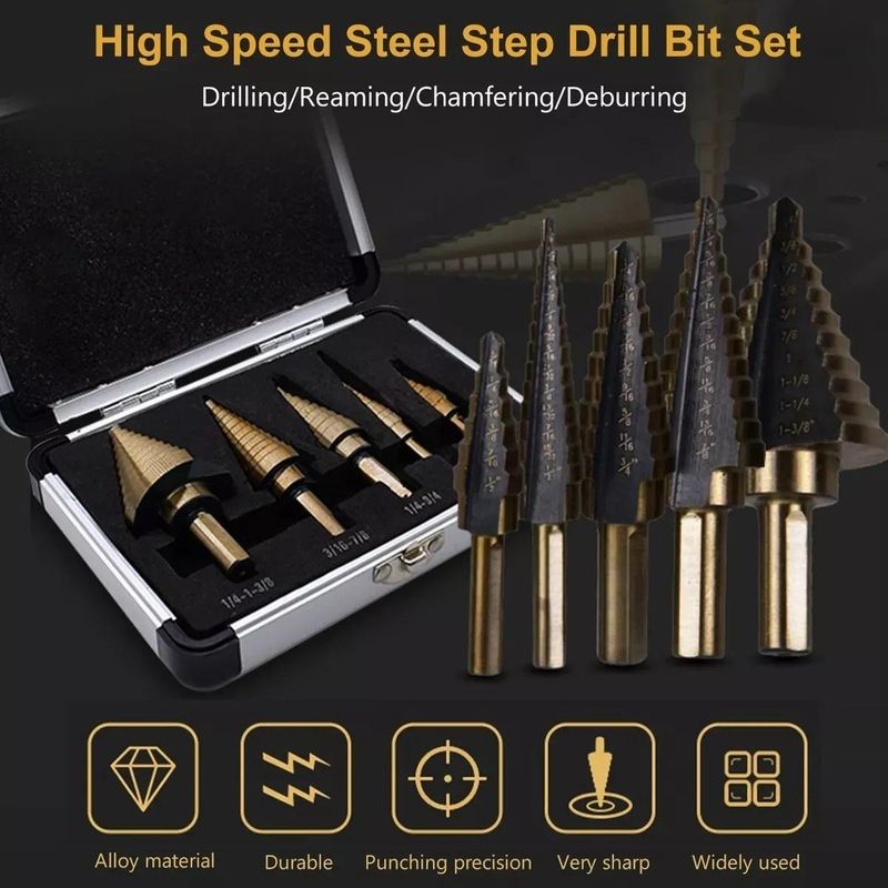 GENERICO - Set de 5 Brocas Escalonadas para Corte Rápido y Eficaz