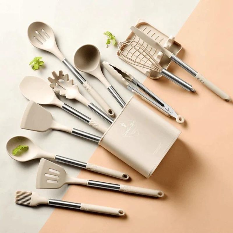 GENERICO - Set Premium de 13 Utensilios de Cocina en Acero Inoxidable y Silicona