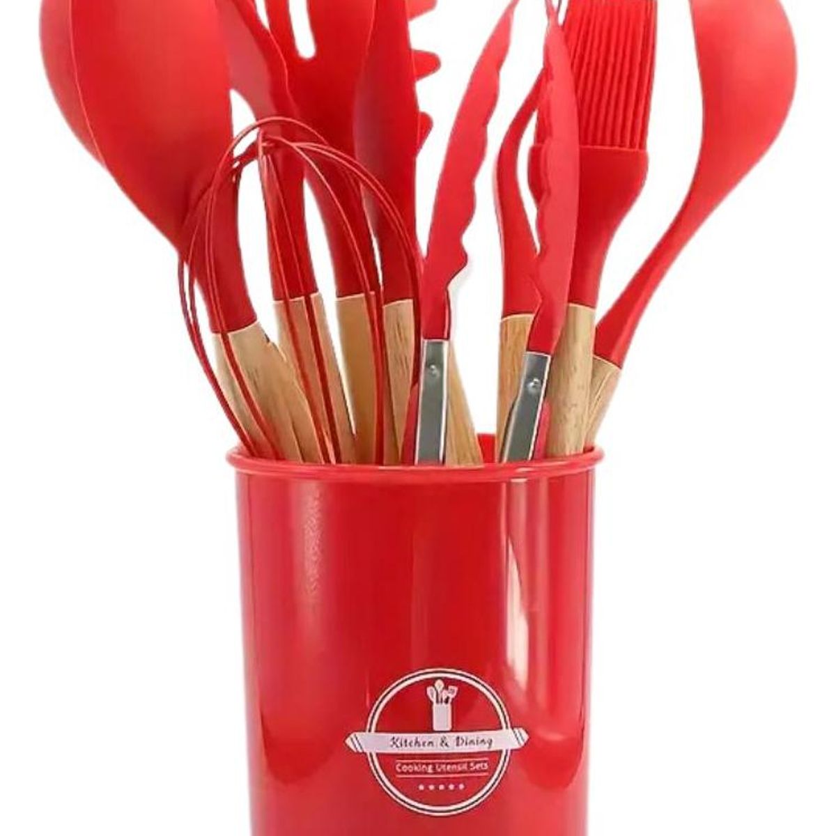 GENERICO - Juego de 12 Utensilios de Cocina de Silicona y Madera Rojo.
