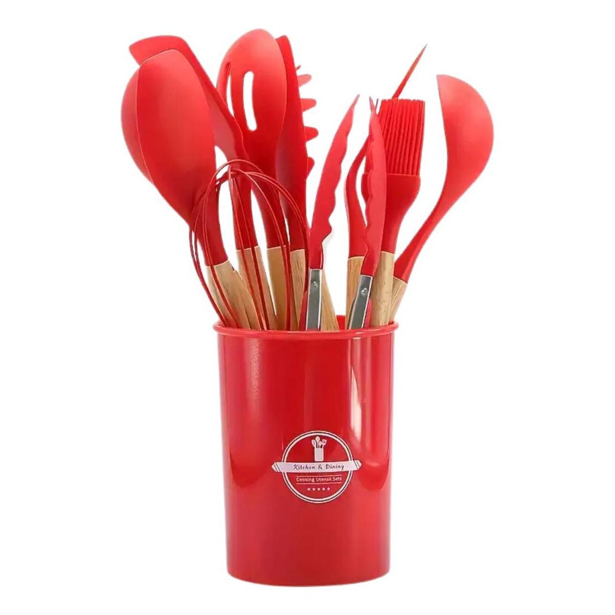 GENERICO - Juego de 12 Utensilios de Cocina de Silicona y Madera Rojo.