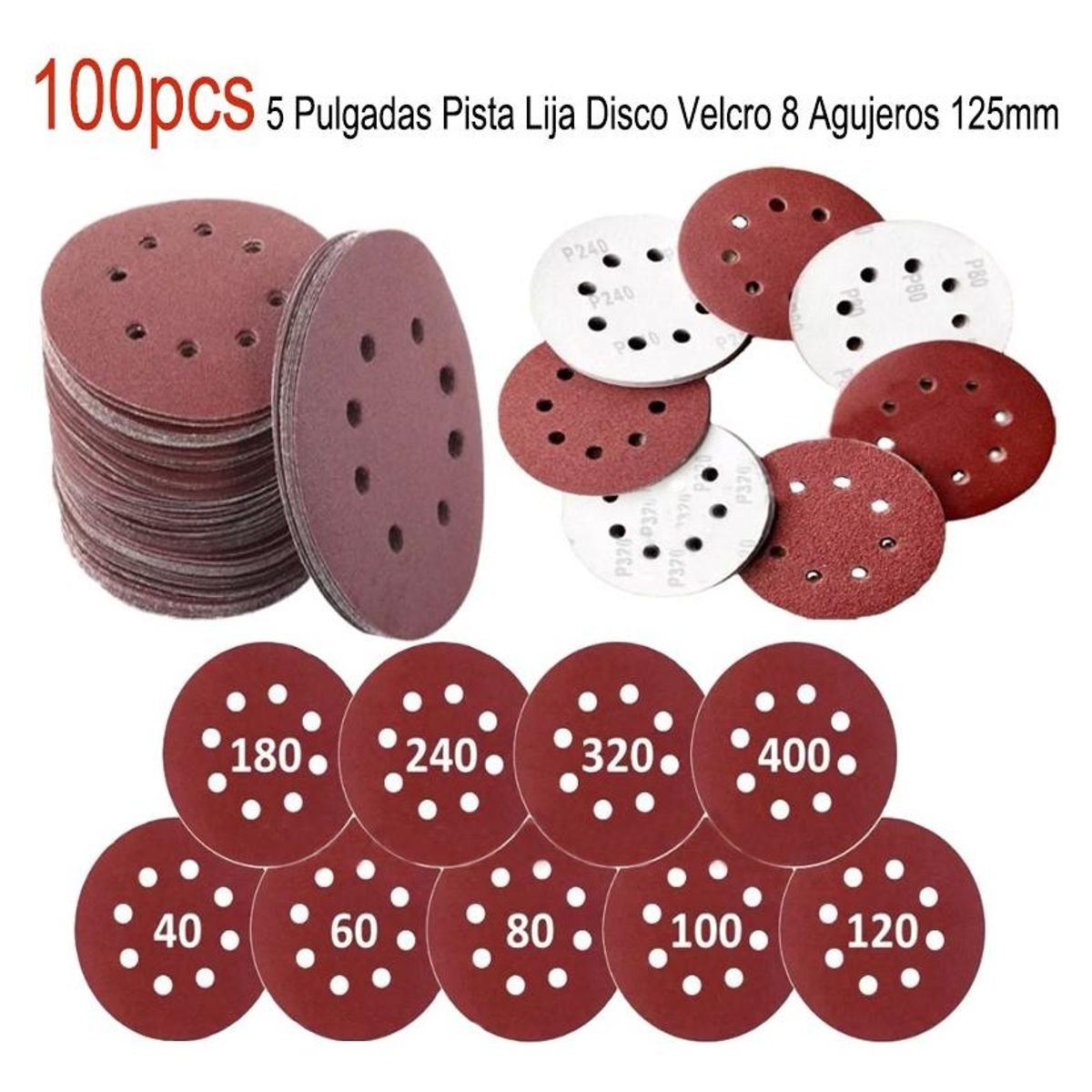 GENERICO - Set de 100 Discos de Lija Velcro 5 con 8 Agujeros Variados