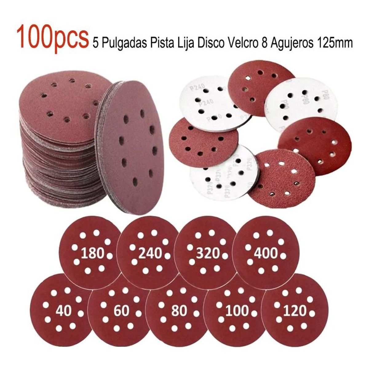 GENERICO - Set de 100 Discos de Lija Velcro 5 con 8 Agujeros Variados
