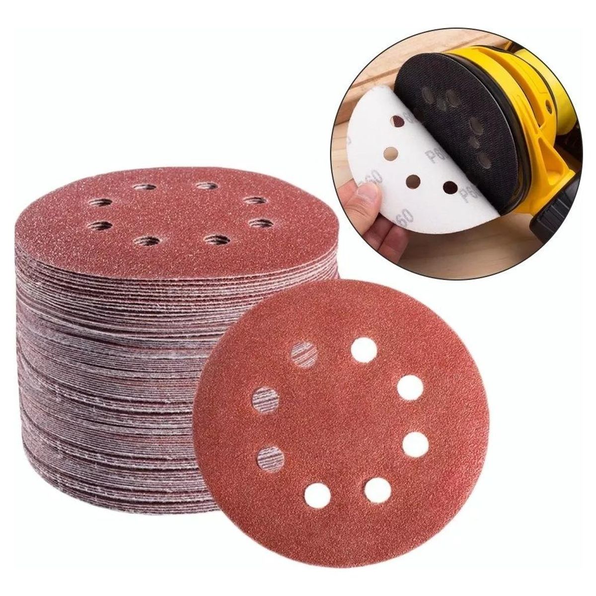 GENERICO - Set de 100 Discos de Lija Velcro 5 con 8 Agujeros Variados