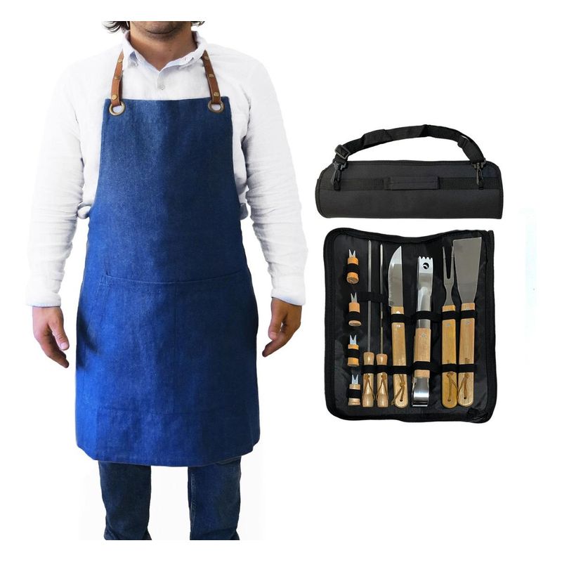 GENERICO - Set Parrilla 10 Piezas con Pechera Jeans Ajustable Eco Cuero