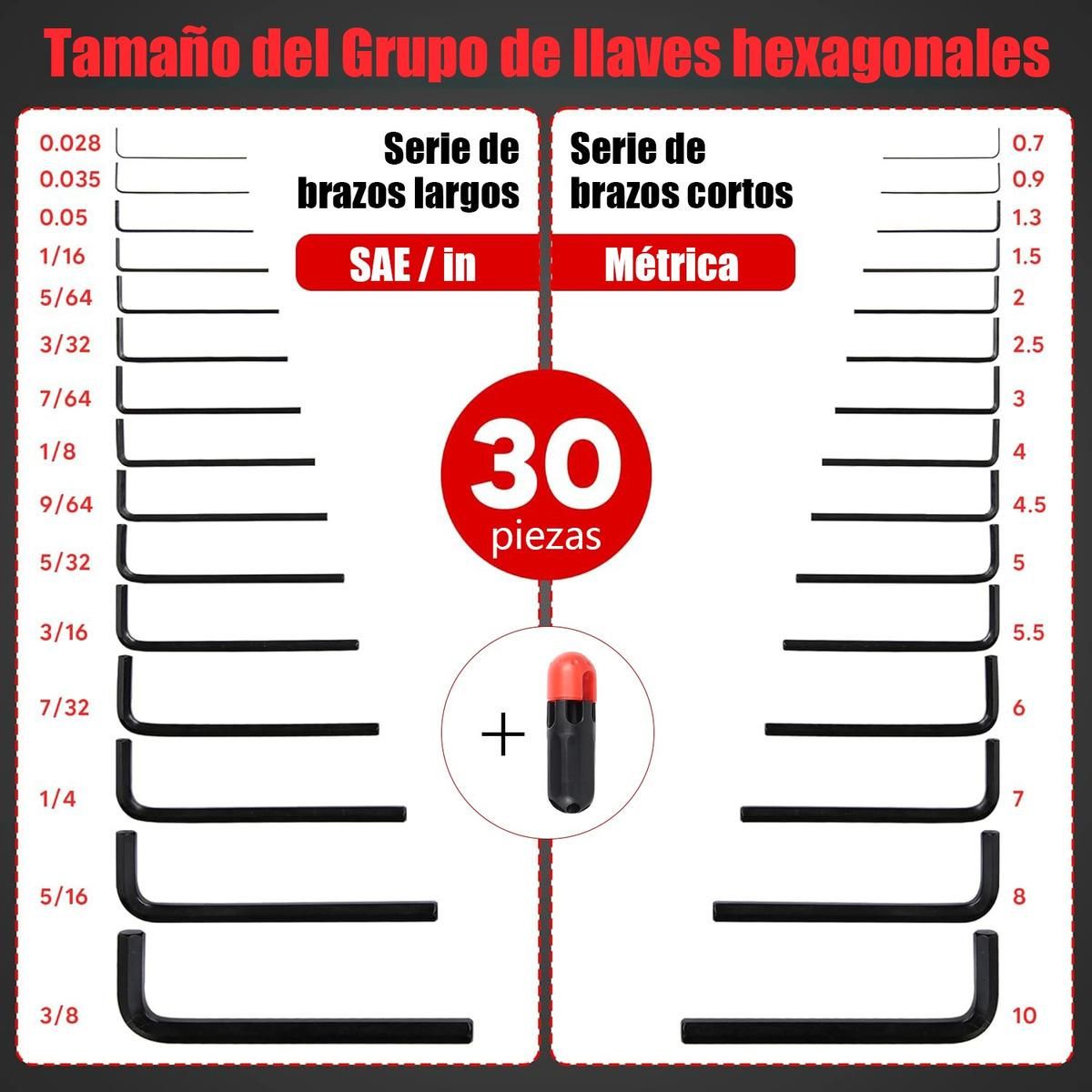 GENERICO - Juego de 30 Llaves Hexagonales de Acero 45 para Taller