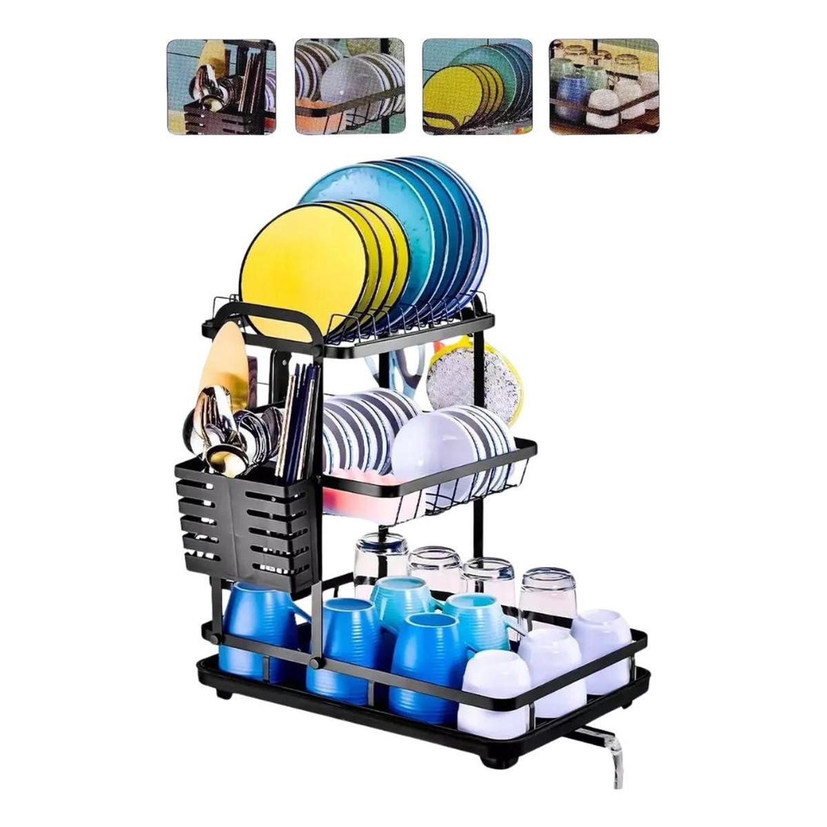 GENERICO - Escurridor de Platos de Acero 3 Niveles y Accesorios