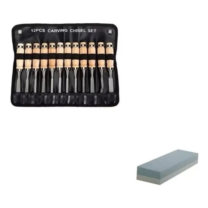 GENERICO - Set Completo de 12 Gubias con Mango de Madera y Afilar