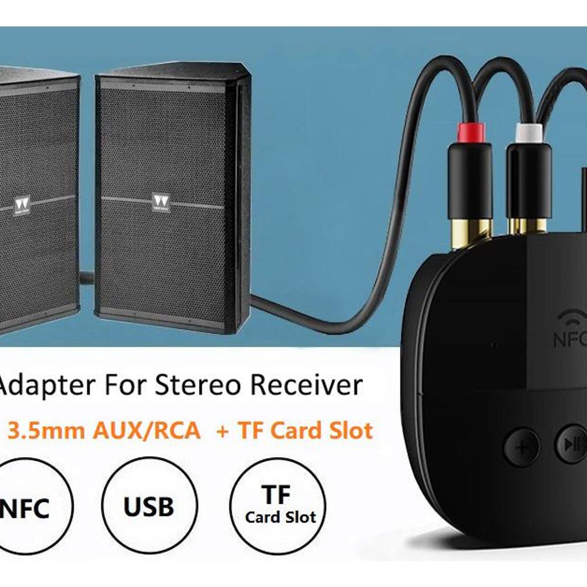 GENERICO - Adaptador Bluetooth NFC para Audio RCA y Aux 35 m