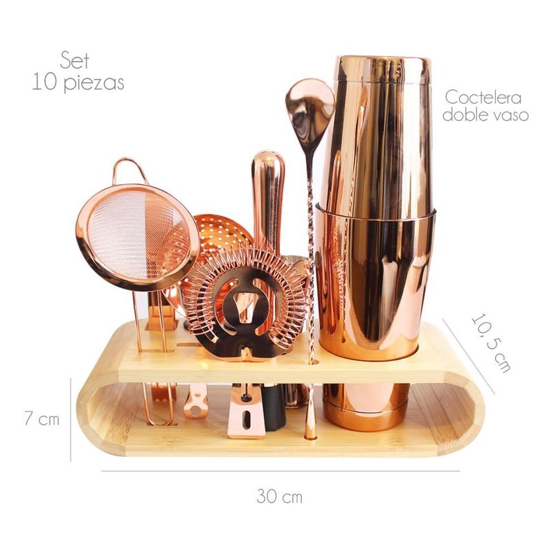 GENERICO - Set de Coctelería de Cobre 10 Piezas para Bartender Elegante