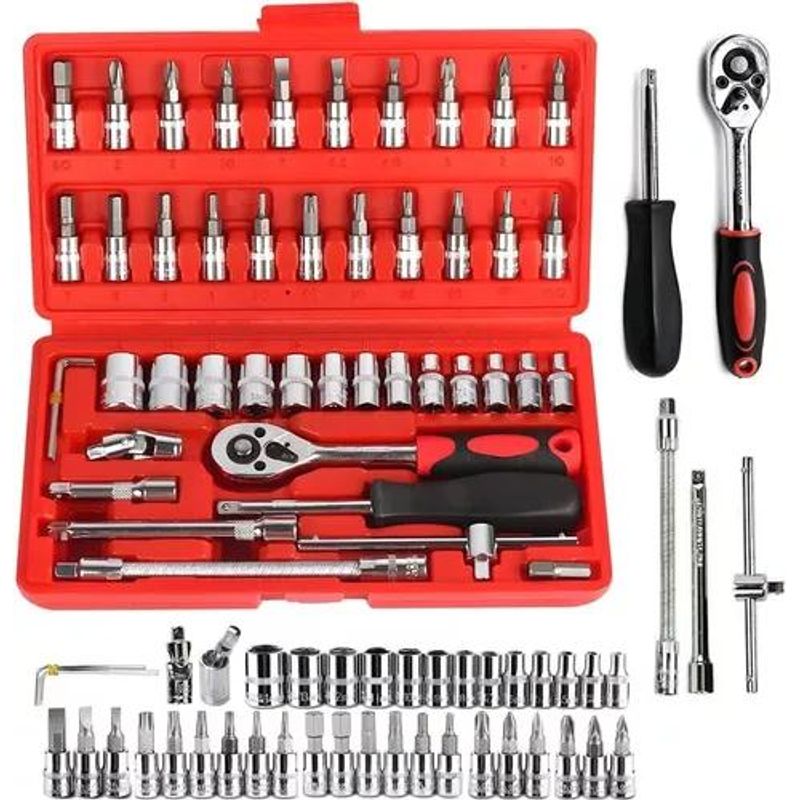 GENERICO - Kit de Herramientas Mecánicas en Caja - 46 Piezas Color Rojo