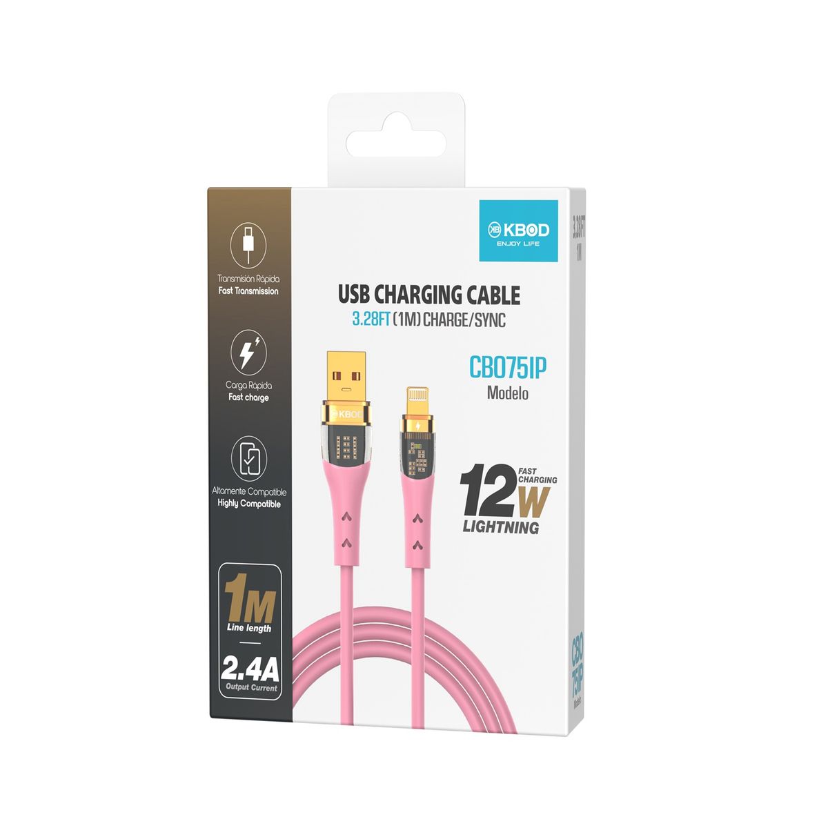 KBOD - Cable Para Carga y Datos Usb Para IP Kbod Cbo75 1 Metro 12W Rosa
