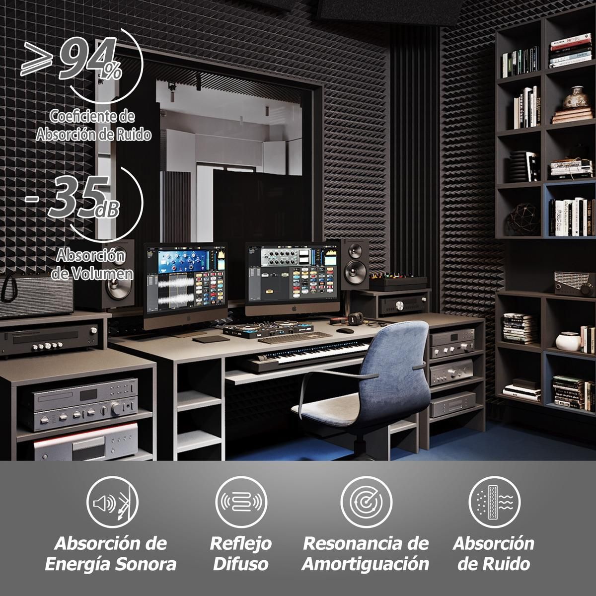 GENERICO - Paneles Acústicos Autoadhesivos Piramidales para Aislamiento