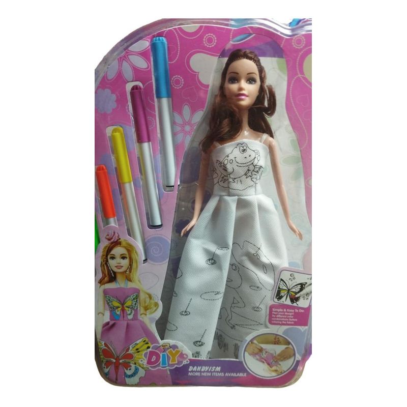 GENERICO - Muñeca Pintora con Vestido Repetible y 5 Lápices de Color
