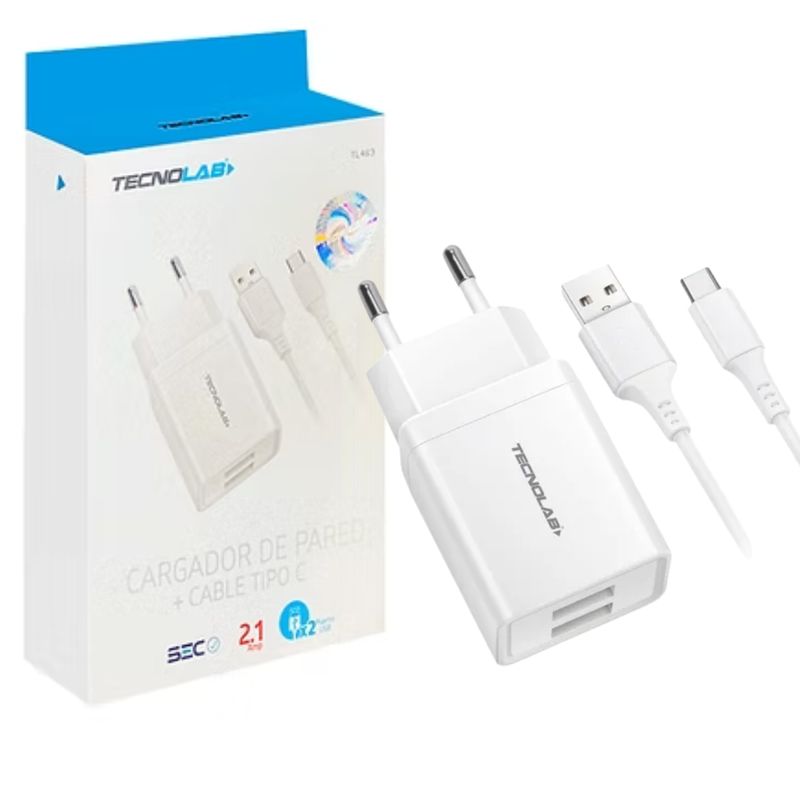 TECNOLAB - Cargador de Pared Tecnolab USB con Cable Tipo-C Carga Rápida 5V 21A