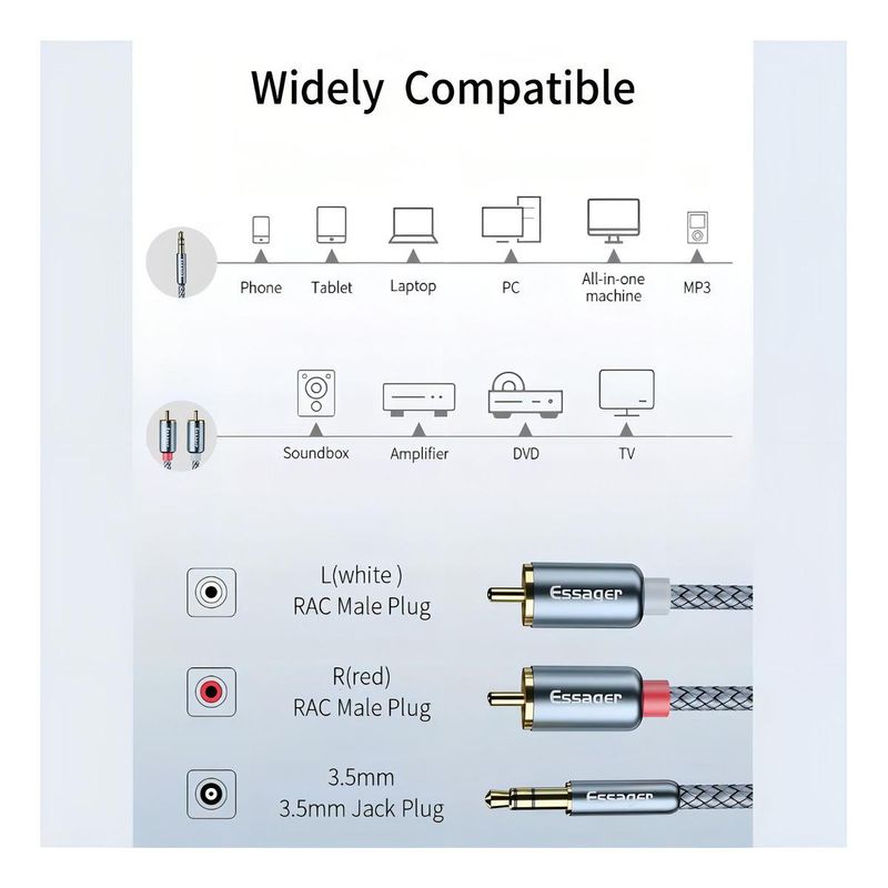 GENERICO - Cable Aux 35 mm a 2 RCA 2m Sonido Estéreo Premium Oro