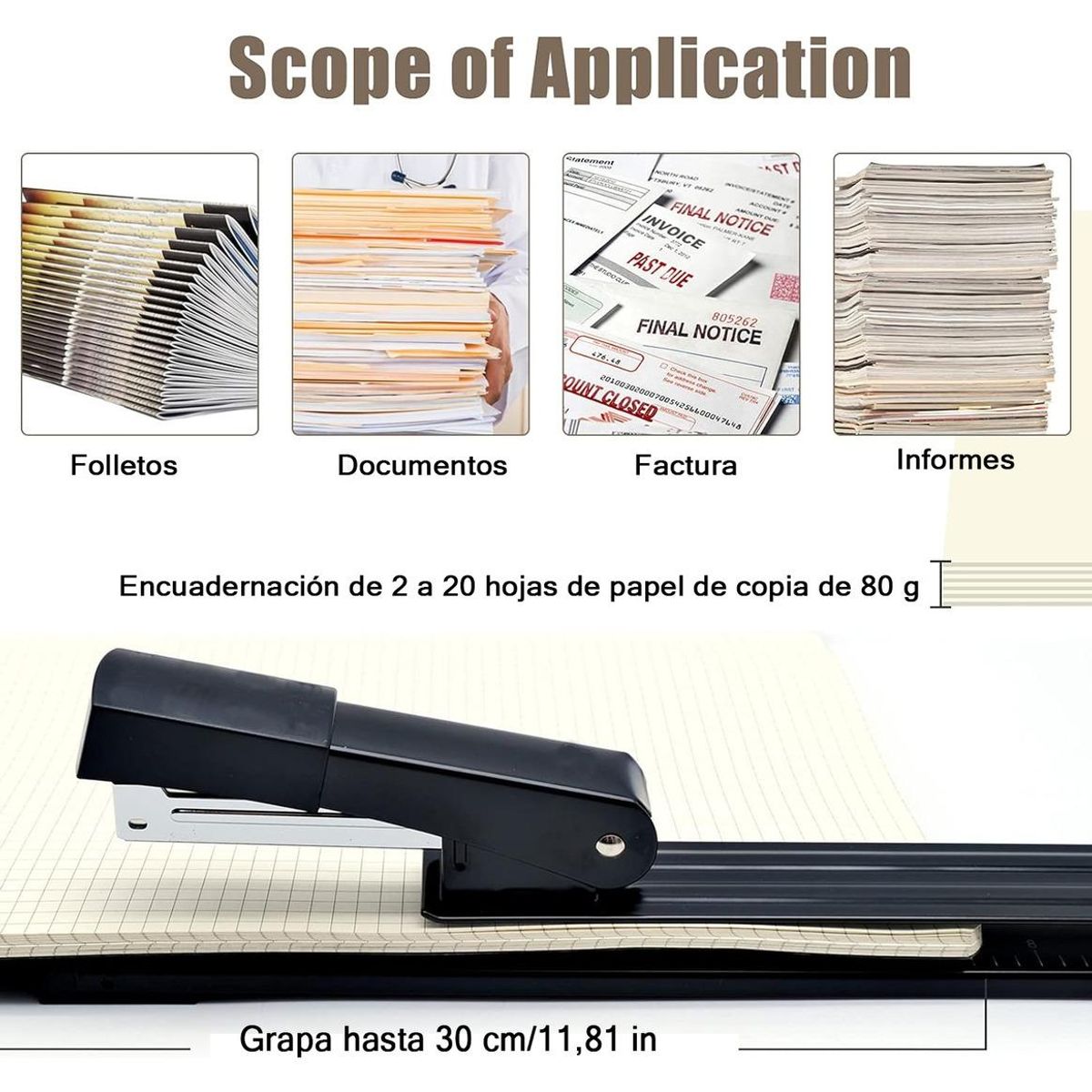 GENERICO - Grapadora Metálica Extralarga Ideal para Oficina y Escuela