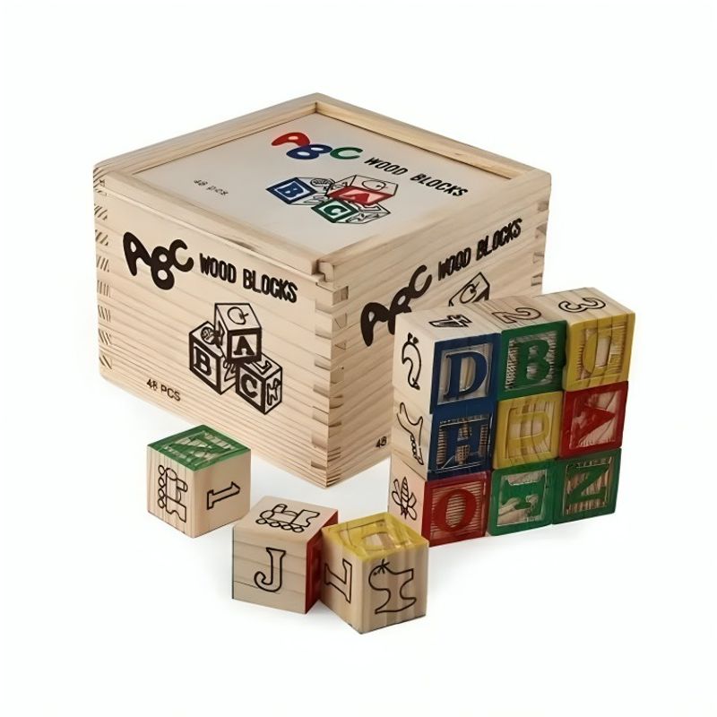 GENERICO - Cubo 48 Piezas Madera Letras Números