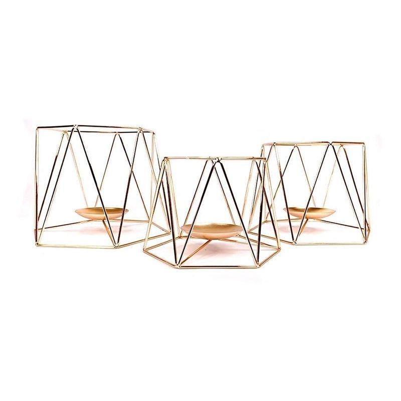GENERICO - Elegante Set de 3 Porta Velas Geométricos Dorados en Metal