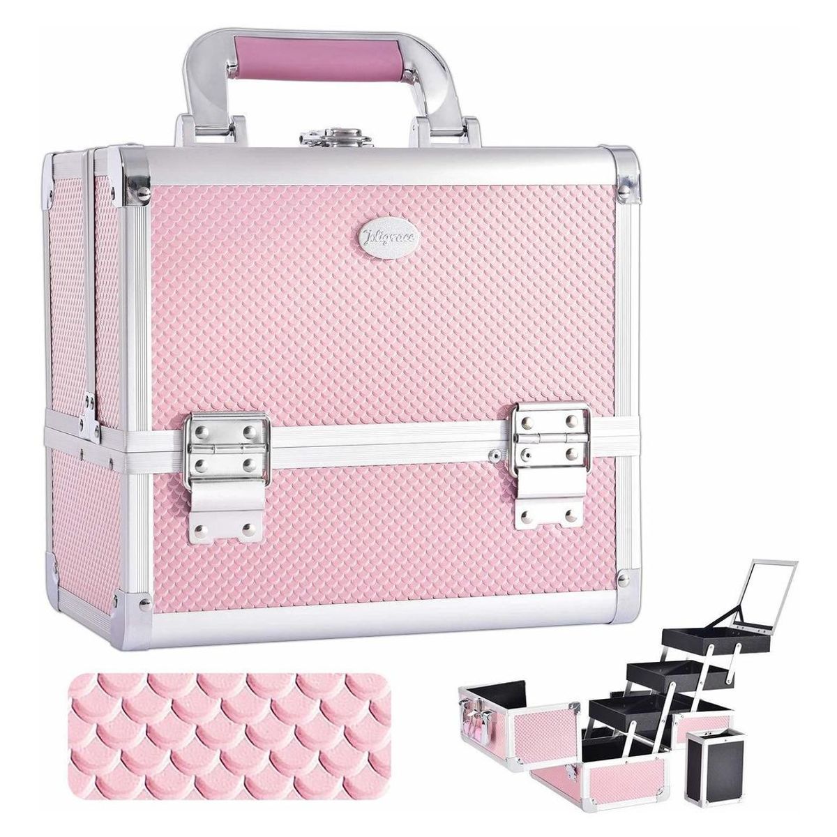 GENERICO - Estuche Profesional Rosa con Espejo y Compartimentos 3Niveles