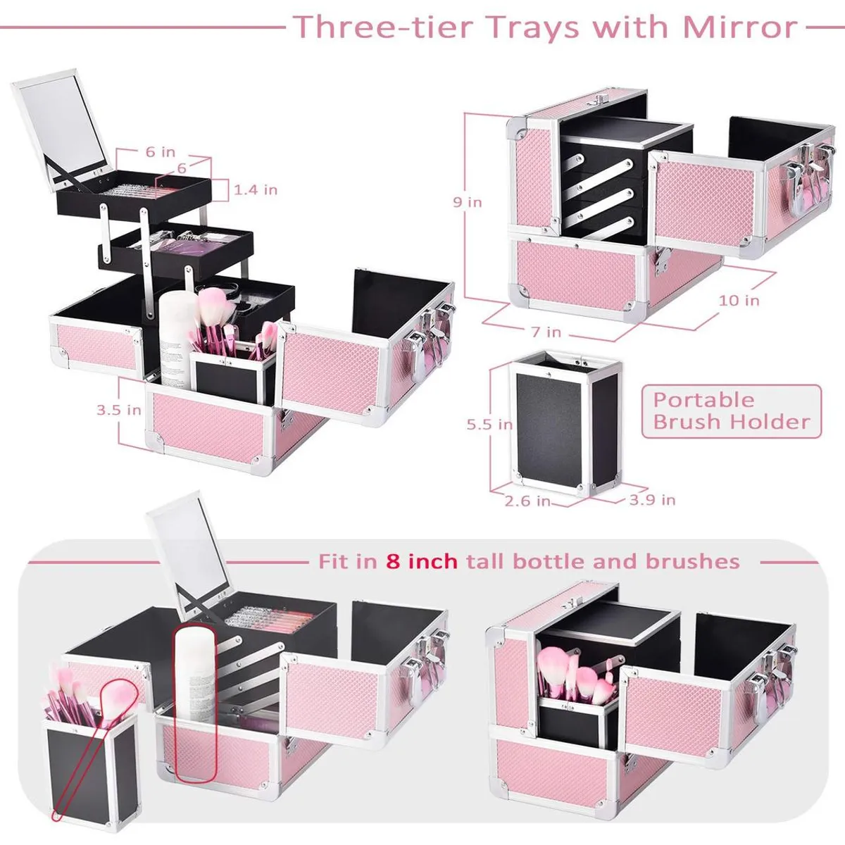 GENERICO - Estuche Profesional Rosa con Espejo y Compartimentos 3Niveles