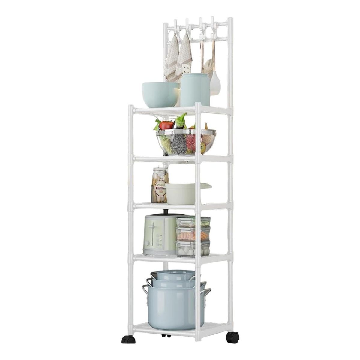 GENERICO - Estante Multifuncional 5 Niveles con Ruedas y Percheros