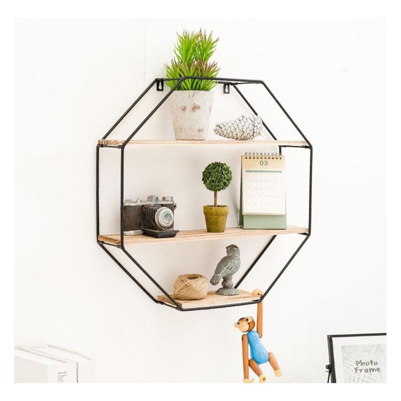 GENERICO - Repisa Hexagonal Flotante de Metal y Madera para Pared