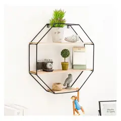 GENERICO - Repisa Hexagonal Flotante de Metal y Madera para Pared